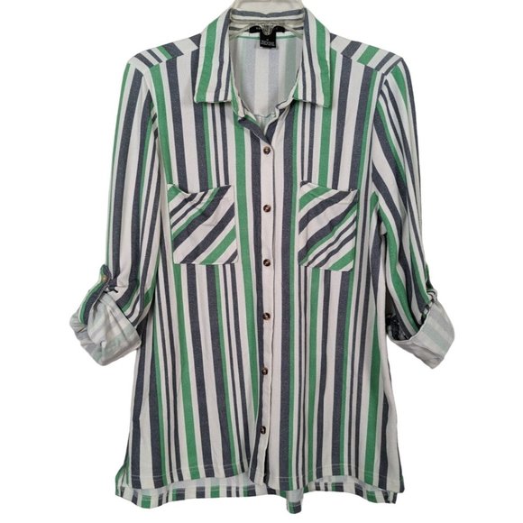Robert Louis tab sleeve button‎ up green gray white stripe blouse size M - Picture 2 of 9